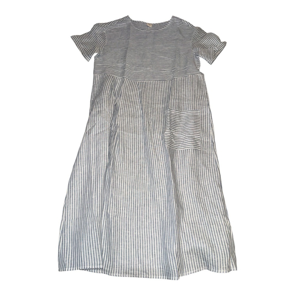 Lintico 100% Linen Midi Dress Blue White Striped Short Sleeve Lagenlook Small
